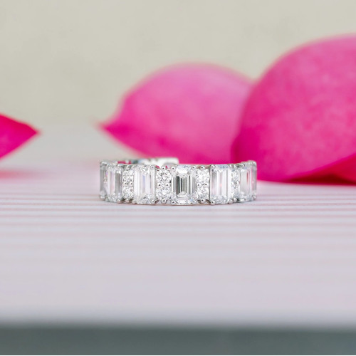 Wedding Band 2.25 CT Emerald Cut & Round Moissanite 3/4Eternity Band