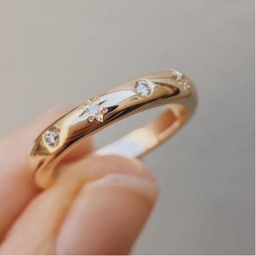 Unique Gold Moissanite Celestial Wedding Band, Stars Engraved Diamonds Bridal Band, Wedding Band For Her in Solid Gold.