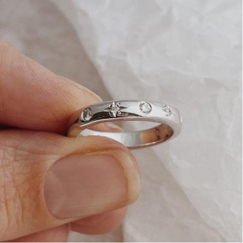 Unique Gold Moissanite Celestial Wedding Band, Stars Engraved Diamonds Bridal Band, Wedding Band For Her in Solid Gold.