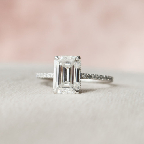 Engagement Ring  3 CT Emerald Cut Moissanite Diamond Hidden Halo Ring